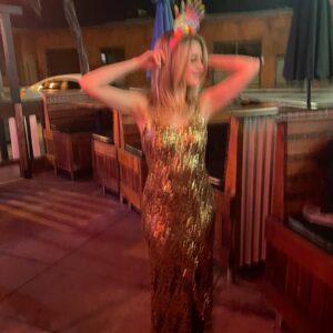 Laura Marano Instagram - MY GOLDEN BIRTHDAY!!! 29 on the 29th!!! This birthday was special to me for many reasons, and I am so grateful to everyone for their birthday wishes and lovely messages 🥹 

It was a green, pink and gold filled day, and I truly felt so incredibly loved 🥹 I saw Wicked during the day (which is a perfect movie and I want to see it 123456789 more times). I then put on the most golden dress I had and went out!! 

And yes, there was a cardboard cutout of me because when you have a cardboard cutout of a 19 year old version of yourself in a gold dress, you bring it to your golden birthday (I don’t make the rules). I also didn’t plan on having blonde hair for my golden day…and yet, it just felt so right.

Love you all very much 🥹💛✨