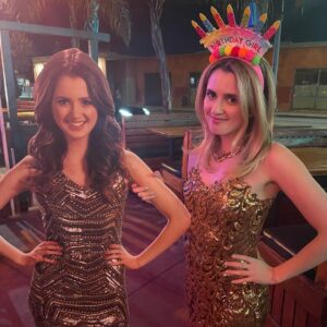 Laura Marano Instagram - MY GOLDEN BIRTHDAY!!! 29 on the 29th!!! This birthday was special to me for many reasons, and I am so grateful to everyone for their birthday wishes and lovely messages 🥹 

It was a green, pink and gold filled day, and I truly felt so incredibly loved 🥹 I saw Wicked during the day (which is a perfect movie and I want to see it 123456789 more times). I then put on the most golden dress I had and went out!! 

And yes, there was a cardboard cutout of me because when you have a cardboard cutout of a 19 year old version of yourself in a gold dress, you bring it to your golden birthday (I don’t make the rules). I also didn’t plan on having blonde hair for my golden day…and yet, it just felt so right.

Love you all very much 🥹💛✨