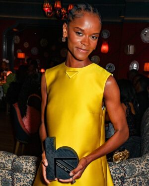 Letitia Wright Instagram - A beautiful night, to be honoured & celebrated by my peers means so much to me. It encourages me to keep going, to keep living for purpose & to continue building legacy. 

Thank you @akuatbbgyamfi & @thebritishblacklist Team for hosting the evening, honouring me with such style & love. Thank you @prada for the beautiful outfit and continued support. And to everyone who came out to share that moment with me. God bless you & thank you. 

Co-curator: @bsbpartnerships
Sponsor: @gardenstudioshq
Award design: @consciousforms
Photography: @davebenett
Hair stylist: @brendafordhair
Makeup artist: @frankiedaniella
Styling: @shionat 
PR: @yazminlily