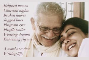 Meghna Gulzar Instagram - Eclipsed moons
Charcoal nights
Broken halves
Jagged lines
Fragrant eyes
Fragile smiles
Weaving dreams
Entwining rhymes

A word at a time
Writing life. 
-

💜 Papi…