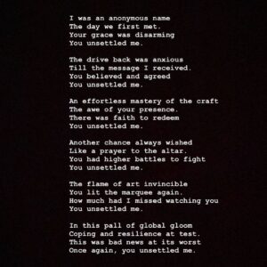 Meghna Gulzar Instagram - You unsettled me. Irrfan Sir...
~
I was an anonymous name
The day we first met. 
Your grace was disarming
You unsettled me. 
The drive back was anxious
Till the message I received. 
You believed and agreed
You unsettled me. 
An effortless mastery of the craft
The awe of your presence. 
There was faith to redeem
You unsettled me. 
Another chance always wished
Like a prayer to the altar. 
You had higher battles to fight
You unsettled me. 
The flame of art invincible
You lit the marquee again. 
How much had I missed watching you
You unsettled me. 
In this pall of global gloom
Coping and resilience at test. 
This was bad news at its worst
Once again, you unsettled me.
~