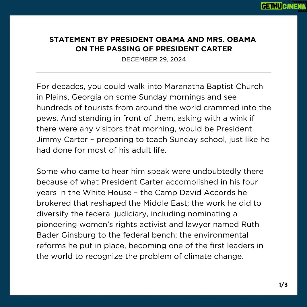 Michelle Obama - 826.2K Likes - President Carter taught all of us what it means to live a life of grace, dignity, justice, and service. Michelle and I send our thoughts and prayers to the Carter family, and everyone who loved and learned from this remarkable man.