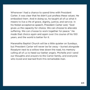 Michelle Obama Instagram - President Carter taught all of us what it means to live a life of grace, dignity, justice, and service. Michelle and I send our thoughts and prayers to the Carter family, and everyone who loved and learned from this remarkable man.