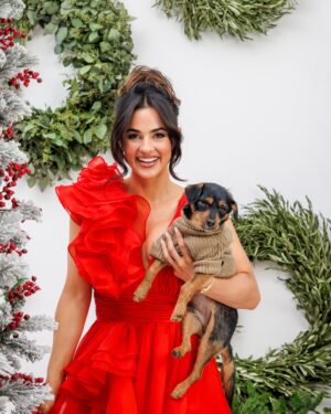 Natalie Negrotti Instagram - Feliz Navidad from me and Papi! 🎁🎄🐶❄️ how cute is Papi in my luggage 🙈

Thank you @evolvemkd @revanceaesthetics and the amazing glam team for the beautiful holiday photos!!!