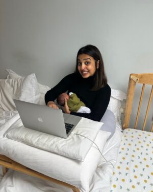 Radhika Apte Instagram - First work meeting back after birth with our one week old at my breast #breastfeeding #mothersatwork #itsagirl #girlsarethebest #abeautifulchapter #bliss @benedmusic ♥️