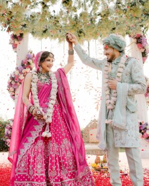Sakshi Agarwal Instagram - From childhood friends to soulmates 💍✨ Under the Goan skies, Navneet and I said ‘forever’ amidst love and waves 🌴❤️ 🥂 Here’s to a lifetime of love, laughter, and endless memories. 💍✨#NakshBegins #ChildhoodToForever 🤞
.
.
.
Thank you team ❤️
Outfit : @swathiveldandi_official 
Photography : @buzzingbeezphotography 
Makeup: @murugeshmakeup_hair 
Hair/Draping : @style_with_anbu
Decor : @vlw.global