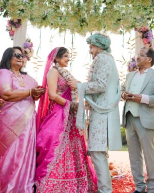Sakshi Agarwal Instagram - From childhood friends to soulmates 💍✨ Under the Goan skies, Navneet and I said ‘forever’ amidst love and waves 🌴❤️ 🥂 Here’s to a lifetime of love, laughter, and endless memories. 💍✨#NakshBegins #ChildhoodToForever 🤞
.
.
.
Thank you team ❤️
Outfit : @swathiveldandi_official 
Photography : @buzzingbeezphotography 
Makeup: @murugeshmakeup_hair 
Hair/Draping : @style_with_anbu
Decor : @vlw.global