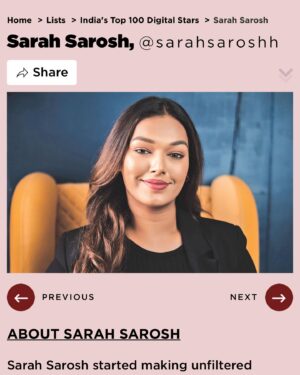 Sarah Sarosh Instagram - My “JEEVAN SAFAL” moment🥹🧿 
Everyone who knows me, knows how much this means to me and words would fall short to express how surreal yet deserving this recognition in @forbesindia means to me✨♾️🧿
7 years of content creation, 1.2Million Subscribers   178K Followers, such a long way down, such a long way to go✨
•
#ForbesTop100 #30under30next 💃🏼