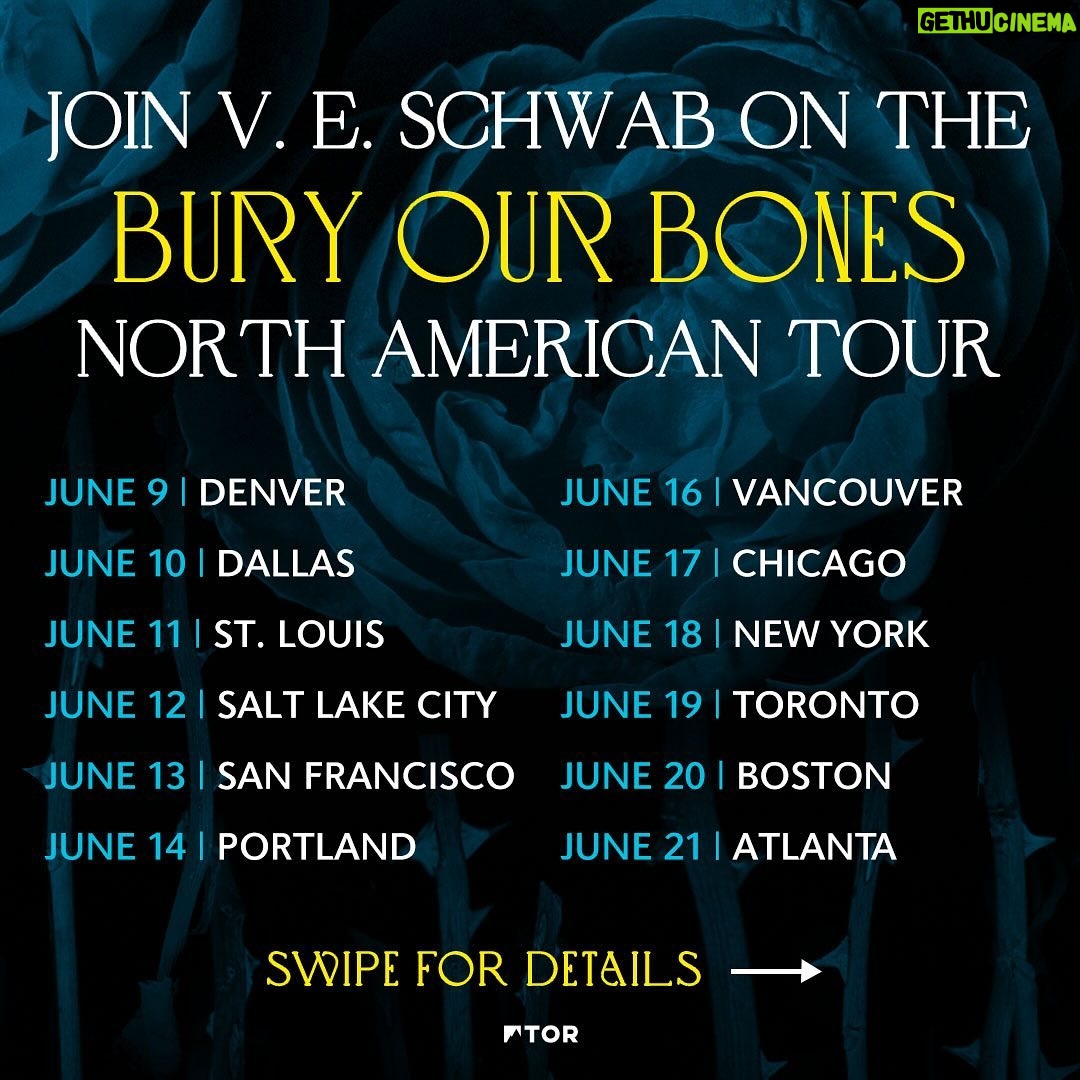 V. E. Schwab - 9.8K Likes - Who’s ready to join @veschwab on tour?! Get ready to celebrate the release of #BuryOurBonesintheMidnightSoil (@torbooks) across North America 🌹
Snag your tickets now via our link in bio and let us know where we’ll see you in the comments!
And for our UK friends… stops across the pond will be announced by @panmacmillan in January 2025. Stay tuned!
.
.
@blackbondbooks @irondogbooks @indigo @andersonsbookshop @charisbooksandmore @tatteredcoverbookstore @novelneighbor @dallasmuseumart @strandbookstore @booksmithsf @brooklinebooksmith @kingsenglishbookshop @bn_clackamas #torbooks #bookish #bookstagram #bookstagrammer #igreads #SFF #TBR #currentlyreading