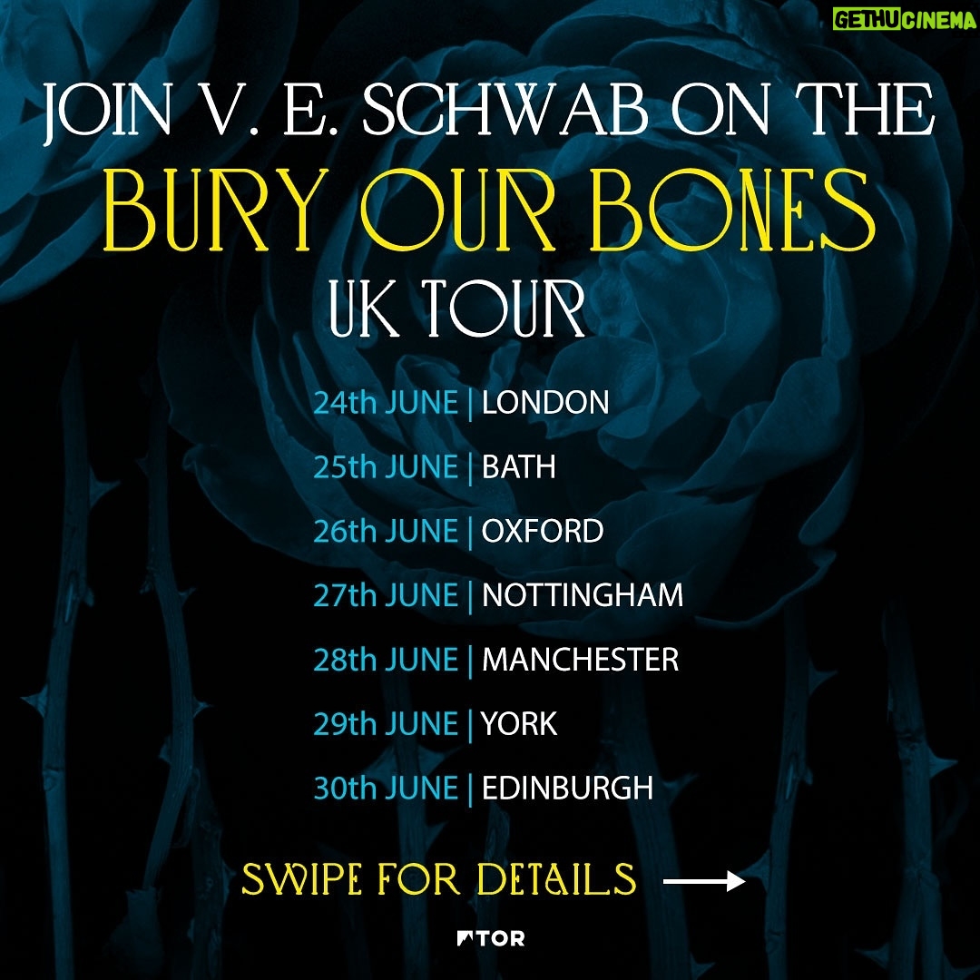 V. E. Schwab - 4.9K Likes - Are you ready to see @veschwab on tour in the UK? We’re incredibly excited to announce the dates and events to celebrate #BuryOurBonesintheMidnightSoil with you.
Grab yourself a ticket from the link in our bio now! Looking forward to seeing you there 🌹
@piccadillywaterstones @toppingsbath @oxford_waterstones @waterstonesnotts @waterstonesmcr @waterstonesyork @portybooks @torbooks