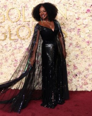 Viola Davis Instagram - A revelatory evening. I see my "legacy" more clearly than ever. I'm...inspired. Thank you Golden Globes for this honor. It has sparked a flame ❤️❤️🙏🏿

My Golden Globes Look 🖤💜💛🩷💚🖤
Dress by @Gucci @sabatods
Earrings by @swarovski
Styled by @elizabethstewart1 
Hair by @jamikawilson
Nails by @julieknailsnyc
MUA by @sergiowastaken