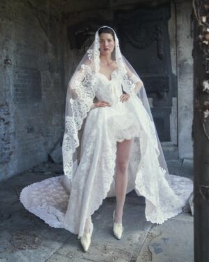 Vivienne Westwood Instagram - Decorated with exquisite layers of lace and tulle, the Marie-Antoinette is offered alongside a mini petticoat. The outer lace layer combines delicate cotton lace, tulle and marquisette. ⁠
⁠
The lace train features intricate details with cotton lace and Baronesse fabric. Beneath, the petticoat layers of Chantilly lace and tulle enhance the voluminous silhouette. ⁠
⁠
Photographer @alexiamavrolleon ⁠
Makeup Artist @machiko_yano ⁠
Hair Stylist @blakejhenderson ⁠
Nail Artist @nailsbynadiabx ⁠
Casting Director @nachumshonn ⁠
⁠
#VWBridal #WestwoodBridal