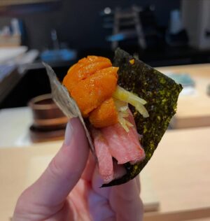 Aiste Miseviciute Instagram - 7 great spots in Sapporo for seafood, miso ramen and more 🦀🦪🦞🦑🐙🐟🇯🇵

- Top notch quality and elegant sushi at Himeshara by veteran sushi chef Akira Tanaka. Wild tuna from Oma, sea urchin from Hokkaido and ginger in the picture. 
- Decadent Bafun uni and ikura donburis at @unimurakami_n 
- Excellent and friendly Takuzushi, the original shop of Takuya Watanabe in Sapporo. @sushi_taku @takuparis @m.m09088954033 
- Delicious miso ramen at Shingen ramen (Make sure to come early to queue.)
- Great  and down to earth tempura @tempura_araki
- Katsukani no Hanasaki, taraba, giant crab from Hokkaido restaurant by Kenyuu Ochi.
-  Miso ramen at Menya Saimi, another ramen spot well worth the long queue and a special trip.