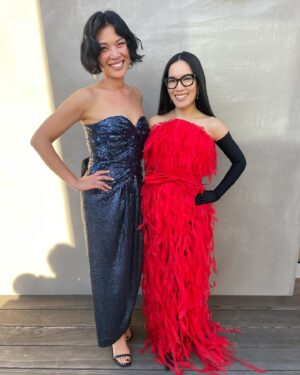 Ali Wong Instagram - The first 🏆 I’ve ever received for a stand up special 😭 🙏 ❤️

Dress, gloves and shoes: @balenciaga 
Earrings: @bpdesilvajewellers 
Styling: @taraswennen 
Makeup: @danielmartin 
Hair: @samiknighthair 
📸 @goldenglobes @gettyimages #goldenglobes