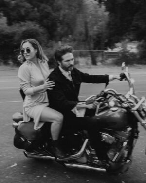 Annika Noelle Instagram - Grandmother’s wedding dress, Harley-Davidson Softtail, love of my life 🤍