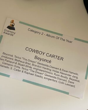Cam Instagram - COWBOY CARTER IS ALBUM OF THE YEAR !!!! 
@beyonce you showed us the future while making history. Thank you for including me in this cultural masterpiece 🏆🇺🇸 

Professional photos courtesy of Rankin for the @recordingacademy, glam by @terria_beauty, styling by @thevonford
