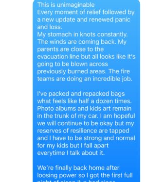 Christine Lakin Instagram - A snapshot of what the last 5 days have felt like. Tragic loss for so many folks we know and so many others. Abject anxiety followed by momentary relief and a meal  at a neighbors house and then new panic at another fire, another tragedy. Constant fire app watch. Checking on friends. Sleepless nights. Crying in bathrooms and presenting normalcy for our kids. Packing and repacking a dozen times. We pray the worst is over but we stay prepared for anything. And we are the lucky ones. 

Thank you for the love and for those of you who have checked in on us, cooked for us while we had no power, gave deep hugs and prayed for us and for so many others. I can’t accurately put into words how devastating this feels. 

For now we try and do what we can to help those around us. Some resources for what you can do for those who have asked:

*Become a Red Cross Volunteer- shelters need volunteers right now (application link in bio)
*Donate to @lafdfoundation - non profit organization that directly benefits the LAFD
*Donate to @garrymarshalltheatre - non profit theater who has opened its doors as a community donation center 
*Shop the Love Angeles Collection @bffsandbabes directly benefiting @baby2baby (in collab with @jenniferlovehewitt)

Stay strong LA ❤️ We’ll get through this.