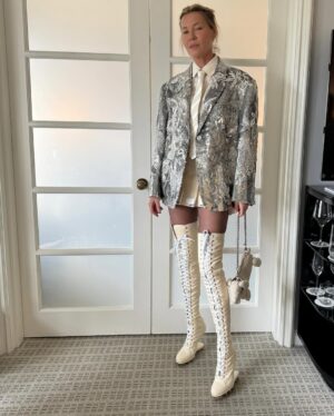 Connie Nielsen Instagram - So I did a quick skip and jump down to LA to support my dear #jantyyates and to present an award at the @costumeawards last night.
And the big question for my outfit (this incredible couture look by @thombrowne ) was - Boots or Pumps. Now my personal preference was these incredible boots (that you can see in the third picture from the fitting) but ultimately I was voted down by everyone else and I wore the pretty pumps. But I still wonder about those boots so now I put it to you guys: boots or pumps - vote below!
