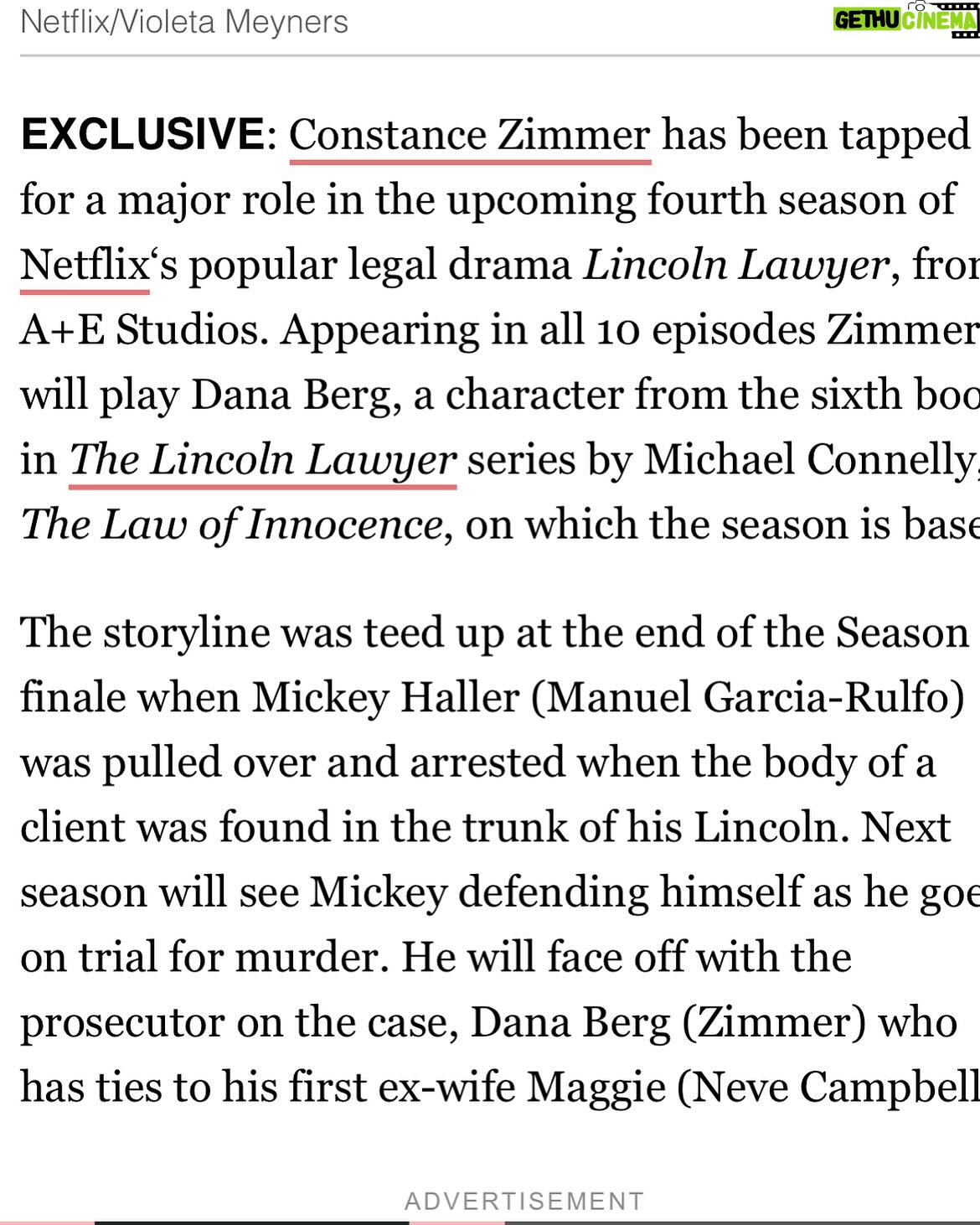 Constance Zimmer - 1.5K Likes - Whoop there it is!! Iāve been waiting to share this exciting news!!! So thrilled to be joining the cast of @thelincolnlawyernetflix for their 4th Season!! This #Dana is going to surprise you, canāt wait to dive in!! Grateful to be back with my old bosses at @aetv, @netflix and @davidekelleyproductions, working with former cast-mates @nevecampbell and #beckinewton again AND getting to collaborate with @matthewlbrmn @dailynrod and @tedhumphrey_ what a dream!!