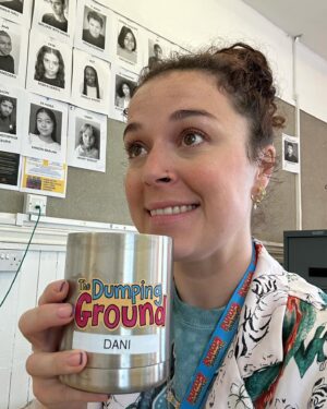Dani Harmer Instagram - The new series of The Dumping Ground starts TODAY on @cbbc & @bbciplayer can’t wait for you to see this fantastic new series! 
Here’s me in the office during my 1st week being way too overexcited by my coffee mug! 
The episode I directed is episode 8 so enjoy!!!!! 🫶🏻☺️