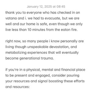 Erica Chidi Cohen Instagram - we’re exhausted, but deeply grateful that we were spared. the road ahead for our city is long—former fema heads are describing this as our hurricane katrina. 

for those who know people who lived through that, you know the impact is felt daily, even years later. we’ve put together the resources and efforts that resonate in this moment but if we’ve missed anything, please add it in the comments, and i’ll reshare it in my stories. for now, stay safe, look out for each other, and take care. ❤️‍🩹

❗️UPDATE the rebuildAD bit.ly link is no longer working here's the directlink to the google gofundme spreadsheet for black altadena families:  https://docs.google.com/spreadsheets/d/1pK5omSsD4KGhjEHCVgcVw-rd4FZP9haoijEx1mSAm5c/htmlview
