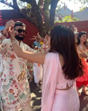 Hemal Ingle Instagram - Lazy fridays was such a hit at our wedding 🎉🤡🪷 cannot thank @jari_suta for helping me put together a perfect outfit for this event. It turned out even better than what I expected. The handwork on the ensemble screams bride while the designs helps it keep more relaxed just like the vibe of the event. They also made the duppata even more special by embroidering our wedding logo on the neck specially for me ❤️
