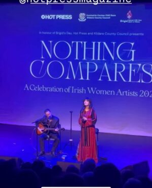 Imelda May Instagram - Last night @theatremoat we celebrated 
with the full spirit of Brigid at ‘Nothing Compares’
Imbas was flowing strongly and so it was a special night. 
Ever supportive  @hotpressmagazine invited us to @theatremoat and our hearts opened as @rachel_skinc @lemoncello___ @unahealy @mariadoylekennedy 
artistry and pure talent blew us all away. 
Nothing prepared me for Ireland’s First Lady 
Sabrina Higgins rousing, truthful and heartfelt speech.
My God she’s a special woman. 
@guitardarling accompanied me with flair and ease. 
The brilliantly slick @thewhitmore hosted with such warmth as always she inspired the audience to be just so open and giving.  Friendship, love, strength, vulnerability, connection all made themselves heard. 
We closed the night with our sister @sineadoconnorofficial words in our hearts and on our tongues, 
Thanks to all including @kildarecountycouncil @jasondohertyphotography @abigailr_photos 
as I wore my Palestinian dress made by @tatreezsisters thinking of all those living in fear and devastation and praying hard for peace and hope..
Because of last night I was in a good place today to feel Brigids quiet power while simultaneously wearing three of my favourite scarves by @loubrennandesign @victoriamaryclarke @jenniferrothwelldesign as 
my Brat Bhride (Brigids Cloak) that I hung on a bushel last night to be blessed by the passing spirit of Brigid and wrap myself in all year when in need of healing. 
Imbolc a blessings upon us all as we spring towards 
new life, new beginnings, love, light and hope.
Love Imelda x