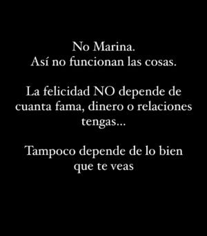 Marina Yers Instagram - He llorado creando este post. 

La verdad es que toda mi adolescencia y parte de mis 20 estuve persiguiendo sueños vacíos, dopamina momentánea, y cosas materiales como si fuese lo más importante. 

Me tuve que dar muy muy buenas hostias en la vida, para darme cuenta de que eso NO estaba NI CERCA de lo que verdaderamente me haría feliz. 

Era un “agujero para conejos”. La fama, el dinero, el estatus, el poder… Todo eso lo es. 

Lo único que me hizo cambiar de verdad, fue Dios. 
Pidiendo mucho a Dios encontré mi lugar en el mundo, un entorno sano, felicidad en las cosas más simples y mucho amor y empatía, allá donde vaya. 

GRACIAS DIOS por liberarme de todas esas cadenas y mostrarme el camino correcto. 

Ahora si soy una persona plena y feliz. De corazón. 

#diosesamor #felicidadtotal #serfeliz #felicidadplena #diosteama #diostehabla #desarrollopersonal #vivirmejor