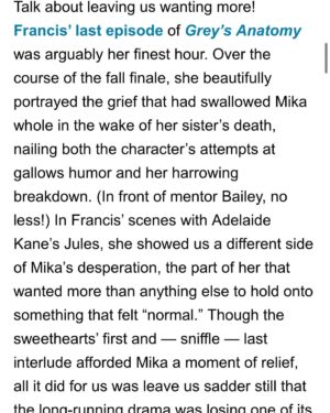 Midori Francis Instagram - I have to be honest, this means a lot to me! And I am so proud of it and of my time on @greysabc . Thanks @tvline for the performer of the week write up. @therealkmckidd directed me through this as he was dealing with grief in his own life, and those few weeks we shared together were artistically and personally significant indeed. I have loved creating Mika Yasuda with our writers and under @megtmarinis creative vision - especially this past season. 💜.