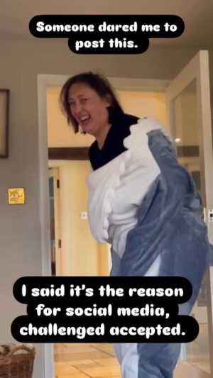 Miranda Hart Instagram - When you are 52 and your joy has fully returned. So you wear a shark onesie you were given at Xmas and then take up the challenge to post part of the needing to do a poo in a shark onesie story….