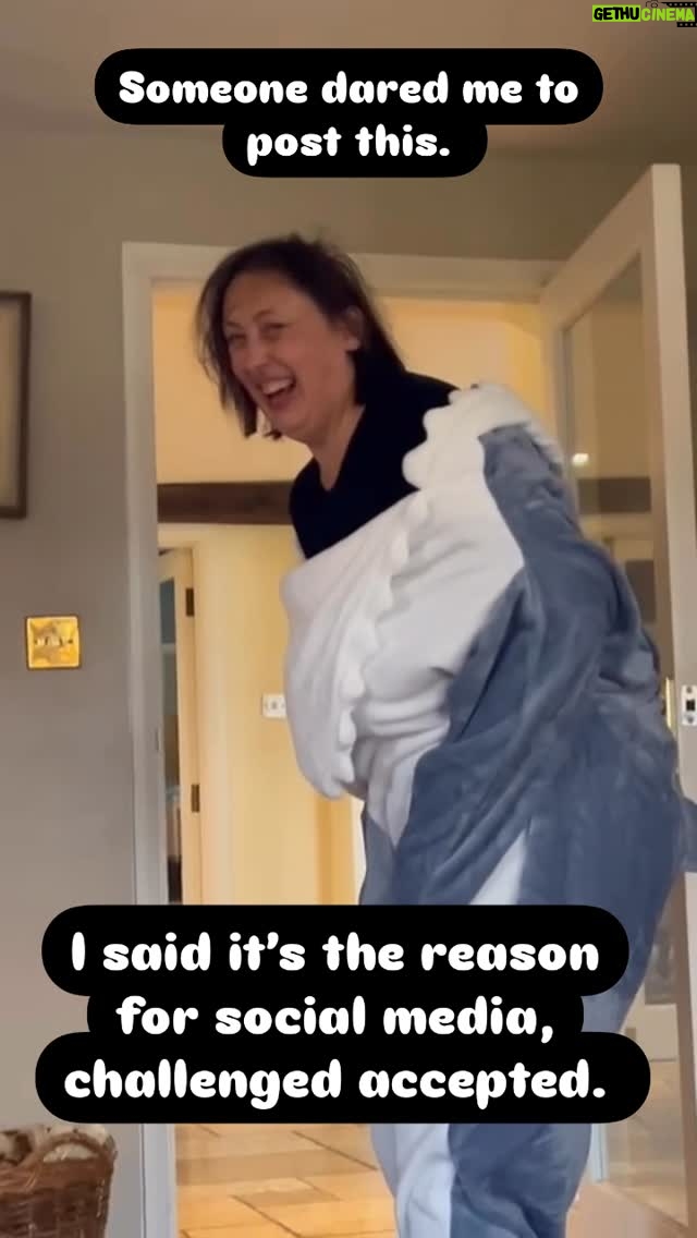 Miranda Hart - 27.9K Likes - When you are 52 and your joy has fully returned. So you wear a shark onesie you were given at Xmas and then take up the challenge to post part of the needing to do a poo in a shark onesie storyβ¦.