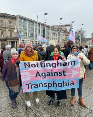 Nadia Whittome Instagram - Nottingham has a proud history of solidarity. We look after each other and we don’t fall for con artists playing divide and rule. 

So, in our hundreds, we showed Kelly Jay Keen’s small anti-trans march that their views are not welcome on our streets.

They’re lying about standing up for women: all they’re advancing is patriarchal gender roles and the growth of the far right. Their movement is a danger to trans people and all women.

Thank you to @nottinghamagainsttransphobia and to every single person who came, drowning out their hatred with our solidarity.