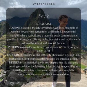 Nathalie Kelley Instagram - Travel with @natkelley to Peru 🇵🇪 

📅 21 – 27 March 2025 
🏔️ Peru 

Join actress and activist Nathalie Kelley on a transformative seven-day journey through the breathtaking landscapes and rich culture of Peru. This adventure is more than a trip—it’s a meaningful exploration of sustainable travel, ancient traditions, and connecting deeply with the land and its people. 

From the vibrant city of Cusco to sacred sites like Tipon, the Sun Gate, and the awe-inspiring Machu Picchu, this journey combines stunning mountain treks, cultural exchanges with local communities, and unforgettable moments of connection. Share meals, ceremonies, and traditions with the Quechua people as you honor the land and its heritage. 

💰 Pricing:
Twin Room: $4265 USD (Deposit: $465) 
Private Room: $4665 USD (Deposit: $465) 

🔗 Book now using the link in our bio or at: www.aweventurer.com/travels/natperu](www.aweventurer.com/travels/natperu 

✨ Swipe to see the full itinerary! ✨ 

#perutravel #trek #sustainabletravel #macchupicchu #grouptravel
