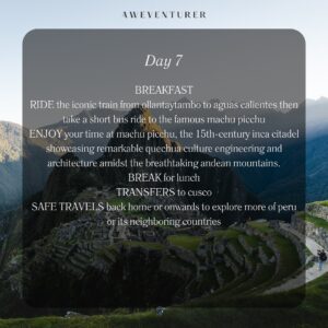 Nathalie Kelley Instagram - Travel with @natkelley to Peru 🇵🇪 

📅 21 – 27 March 2025 
🏔️ Peru 

Join actress and activist Nathalie Kelley on a transformative seven-day journey through the breathtaking landscapes and rich culture of Peru. This adventure is more than a trip—it’s a meaningful exploration of sustainable travel, ancient traditions, and connecting deeply with the land and its people. 

From the vibrant city of Cusco to sacred sites like Tipon, the Sun Gate, and the awe-inspiring Machu Picchu, this journey combines stunning mountain treks, cultural exchanges with local communities, and unforgettable moments of connection. Share meals, ceremonies, and traditions with the Quechua people as you honor the land and its heritage. 

💰 Pricing:
Twin Room: $4265 USD (Deposit: $465) 
Private Room: $4665 USD (Deposit: $465) 

🔗 Book now using the link in our bio or at: www.aweventurer.com/travels/natperu](www.aweventurer.com/travels/natperu 

✨ Swipe to see the full itinerary! ✨ 

#perutravel #trek #sustainabletravel #macchupicchu #grouptravel