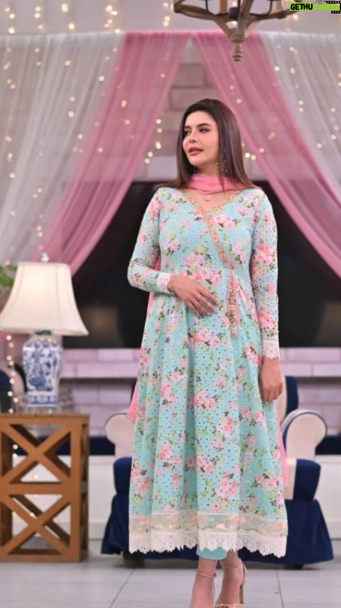 Nida Yasir - 8K Likes - Fresh colours under one roof to enhance your mood this summer.lawn chickenkari paled turquoise angrakha with pants and pink chiffon duppatta
@ynida.clothing