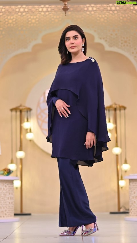 Nida Yasir - 7.2K Likes - Navy blue pure georgette shirt with a unique cut and sworski on it paired with pure rawsilk 80grams blue bootcut pants.modern yet modest
@ynida.clothing