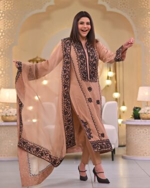 Nida Yasir Instagram - Fawn colour pure rawsilk 80grams collar shirt and pants with pure organza duppatta including black embroidery on the whole outfit as visible in picture
@ynida.clothing 
@officialmagnifique_