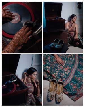 Nishtha Gandhi Instagram - Mehendi moodboard: Prints, hues of green, laughter in every frame, tears in some and a cute furry friend stealing the show. Just some of the images that made my mehendi how it was ♥️
Photos: @weddingrams 
Bride’s outfit: @kalista.official 
MUA: @sanyaamanocha 
Mehendi: @lalitbridalmehandiartist 
Jooti: @5_elementsbyradhikagupta 
.
.
.
#mehandi #mehendioutfit #shaadikaseason #punjabiwedding #weddingrituals 
#vintageaesthetic #indianweddinglook