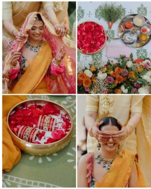 Nishtha Gandhi Instagram - When pictures speak louder than a thousand words 📸 - only in an Indian wedding! 

Couple wearing @rishiandvibhuti 
Design @nishchaygandhidesigns 
Photography @weddingrams 
Planning @riwaazerishte 
Makeup @makeupbyvidushi 
Floral jewellery @shinestonefloraljewellery 
Footwear @prankit_creations 
.
.
.
#haldiceremony #haldidecor #haldifunction #indianweddinginspiration #weddingideasbrides #haldiphotography #realweddingmoments #indiancouples #southindianfashion