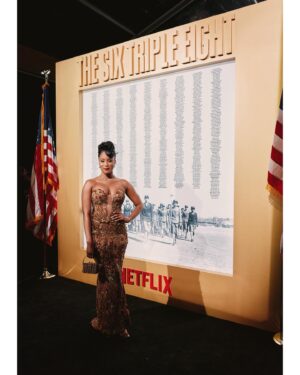 Pepi Sonuga Instagram - A dream come true. ✨ The premiere of The Six Triple Eight is here, and I’m overwhelmed with gratitude to be part of a film that tells such an important and powerful story. To stand alongside this incredible cast and filmmakers, and honor the legacy of these heroic women is a privilege I will carry with me forever.

Six Triple Eight is in select theaters starting today! 🖤 Check out my story to see where you can watch it near you. I can’t wait to hear your thoughts and share this journey with you. 💫

Styling: @itsamandalim @lucakingston 
Hair: @shaylinjoneshair 
Makeup: @bobbierileybeauty 
Photographer: @imashnguyen 
Party Photos: @emiliomadrid
Carpet Photos: @gettyimages 
Gown: @rafikzakidesigns 
Clutch: Zhina L’afshar 
Heels: @gedebe 
Earrings: @kallatijewelry 
Necklace, bracelet, and ring: @shycreationfinejewelry 
🩷