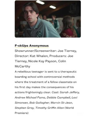 Sarah Jeffery Instagram - We are thrilled to announce that F*ckUps Anonymous will be having its world premiere as part of the Independent TV Pilot Competition at @sxsw in Austin, TX. Details to come soon. Link in bio. 🍿

Created & Written by: Joe Tierney
Directed by: @kbwhales 
Producer/UPM: @nycnicole1 
Produced by: @colinmccarthy_83 
DP: @andrewtrost 
Editor: @mcbbbmarie 
Composer: @nocrewparking 
Production Designer: @saskatrivundza 
Art Director: @lucasdegirolamo 
Costume Designers: @midgied @bluejeanbabyvtg 
Hair Dept: @valerievelezstylist @nyc_hair 
Make Up Dept: @kimberlyamackermakeup @meraly_lpz Adriana Andaluz 
Casting by: @whitty.studios 
Sound Mixer: @joriglieri 
Sound Designer: @davidforshee 
Boom Operator: @harry_flax_ 
Stunt Coordinator: @dejayroestenberg 
Stunts: @agedcinematographers @sethandrewb 
1st AD: @edward_luck 
2nd AD: @mitchdeltuvia 
Production Coordinator: Anna Pappas
Script Supervisor: @lanascottstringer 
1st AC: @botecellibodytype 
2nd AC: @annievmara 
Loader: @_mikeoconnor_ 
Key Grip: @vicente_roxas 
Gaffer: @bengoelz.dp 
Best Boy Electric: @b.i.n.g.no 
PAs: @kyliecwelch @mmtrap2412 Eli Henslee
Colorist: @breezus_christ 
Joe’s Mom: @nattiesvg 
Escort Heavies: @brettroberts13 @mitchdeltuvia Rob Garcia