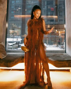 Serayah Instagram - Soft and plush ✨✨✨

Dress @tiaadeola 
Fur @fgmbespoke 
Jewels @alexisbittar 
Styled By @aaronchristmon | @marquisemiller 
Face @makeupbythynna 
📸 @wendyngala