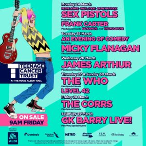 Sharon Corr Instagram - Big news for a great cause 📣  We’re performing at the @royalalberthall in March for @teenage_cancer’s #TeenageCancerGigs.
 
Tickets go on sale Friday 31 Jan at 9:00am

We’re so excited to be among the incredible artists who have played these historic shows. Every day 7 young people hear the life-changing words “you have cancer” - and this number is set to rise. But with your support, Teenage Cancer Trust can help make sure no young person faces cancer alone.

teenagecancertrust.org/gigs