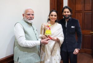 Sobhita Dhulipala Instagram - Profoundly thankful to Hon’ble Prime Minister @narendramodi ji for today’s meeting at Parliament House. It was an honor to present ‘Akkineni Ka Virat Vyaktitva’ by Padma Bhushan awardee Dr.Yarlagadda Lakshmi Prasad, a tribute to ANR garu’s cinematic heritage. Your recognition of his life’s work is a treasured affirmation for our family, fans and the Indian movie lovers. 
#ANRLegacy #IndianCinema
#ANRLivesOn 

PS : Anyone who knows me knows how much I adore kondapalli bommalu (dancing dolls), their memories trace back to my childhood years in my grandparents’ home in Tenali. So happy to be able to gift him one, and to find that he knows all about this old handicraft and its nativity to Andhra Pradesh :)♥️