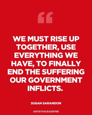 Susan Sarandon Instagram - “Palestinians have the right to return, rebuild, and live in freedom on their land. Gaza was destroyed with our weapons — now Trump wants to ethnically cleanse Palestinian survivors to create resort properties for his developer friends and family.

We must rise up together, use everything we have, to finally end the suffering our government inflicts. 

Peace and justice are for all of us, or for none of us. What we allow in Gaza, we allow everywhere.” — Susan Sarandon (@susansarandon), actor, activist, and Artist4Ceasefire

#Artists4Ceasefire #PermanentCeasefireNow #CompassionMustPrevail #JusticeMustPrevail #NotYourRiviera