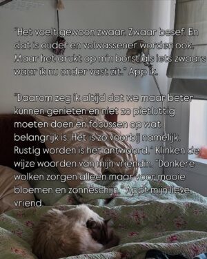 Abbey Hoes Instagram - Een fragment uit het leven, geschreven door mij. 
Onder het mom van eerlijke content. Ik zou graag door een ochtend uit mijn leven te delen (met bijbehorende subjectieve gedachtes) een gesprek met jullie willen openen over paniek gevoelens. Angst. Heb jij wel eens last van angstige gevoelens? En zo ja, hoe pak je dat dan aan? Ik zal beginnen: De laatste weken is er zoveel (naars en verdrietigs) gebeurd dat ik het op sommige dagen/ momenten lastig kan vinden alles een plekje te geven, rust te vinden. Het voelt als een grote draaikolk waar ik doorheen zwaai, tegen vecht en geen grip op heb. Een draaikolk die me op sommige momenten even op kan slokken. Gelukkig weet ik wel wat ademhalingsoefeningen die kunnen helpen en heb ik het liefste vangnet waar ik nog steeds op terug durf te vallen. “Angst is een normale, gezonde en vaak levensbeschermende reactie. Angst brengt het lichaam in een soort van alarmtoestand. Zo bereidt het zich voor om zich te verdedigen tegen gevaren. Maar soms lokken alledaagse situaties angstreacties uit die zo hevig zijn dat ze het normale functioneren belemmeren.” In de algemene bevolking zijn dit soort stoornissen/ periode’s helemaal niet uniek. Meer mensen hebben er last van. Je bent niet alleen. Please join me in the conversation. En laten we open zijn over dit soort ervaringen. Misschien dat het wat mensen helpt, om hulp te zoeken of om te leren zichzelf te helpen🙏🩷