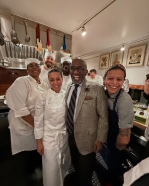 Adrienne Cheatham Instagram - Tuesday night was magical! (And made me miss being in restaurants 🥲) I’m so honored to have been a part of this event for the @jacquespepinfoundation and @beardfoundation sharing a kitchen with @lerouxeddy @danielboulud @chefgabrielkreuther @jacquestorres 

Our host @marvasmalls brought together an incredible group of people around the table that are all excellence personified and it was an honor to cook for them (during Black History Month no less). 
Sharing space with the chefs from all the teams, working collaboratively and seeing how much we all have in common was a joy. A special THANK YOU to @lana_cooks for coming straight from the airport to be there with me making sure things went smoothly, @jbfizabela for running the evening so well, and the great students from @iceculinary Abe, Nyaira, and Marven who came with open minds and good vibes to assist and soak up the experience. 

***For those of you who voted in the outfit poll, I went with Option 3 - the blue work jacket look for prep and set up, then did a costume change for service into Option 1 - the classic, crisp white jacket and apron! It felt right and was perfect for the situation. 

#chef #cheflife #jamesbeardhouse #blackhistorymonth