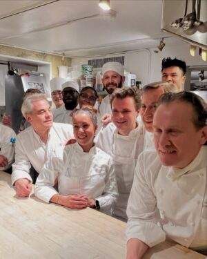 Adrienne Cheatham Instagram - Tuesday night was magical! (And made me miss being in restaurants 🥲) I’m so honored to have been a part of this event for the @jacquespepinfoundation and @beardfoundation sharing a kitchen with @lerouxeddy @danielboulud @chefgabrielkreuther @jacquestorres 

Our host @marvasmalls brought together an incredible group of people around the table that are all excellence personified and it was an honor to cook for them (during Black History Month no less). 
Sharing space with the chefs from all the teams, working collaboratively and seeing how much we all have in common was a joy. A special THANK YOU to @lana_cooks for coming straight from the airport to be there with me making sure things went smoothly, @jbfizabela for running the evening so well, and the great students from @iceculinary Abe, Nyaira, and Marven who came with open minds and good vibes to assist and soak up the experience. 

***For those of you who voted in the outfit poll, I went with Option 3 - the blue work jacket look for prep and set up, then did a costume change for service into Option 1 - the classic, crisp white jacket and apron! It felt right and was perfect for the situation. 

#chef #cheflife #jamesbeardhouse #blackhistorymonth