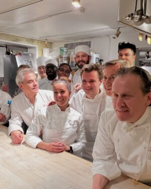 Adrienne Cheatham Instagram - Tuesday night was magical! (And made me miss being in restaurants 🥲) I’m so honored to have been a part of this event for the @jacquespepinfoundation and @beardfoundation sharing a kitchen with @lerouxeddy @danielboulud @chefgabrielkreuther @jacquestorres 

Our host @marvasmalls brought together an incredible group of people around the table that are all excellence personified and it was an honor to cook for them (during Black History Month no less). 
Sharing space with the chefs from all the teams, working collaboratively and seeing how much we all have in common was a joy. A special THANK YOU to @lana_cooks for coming straight from the airport to be there with me making sure things went smoothly, @jbfizabela for running the evening so well, and the great students from @iceculinary Abe, Nyaira, and Marven who came with open minds and good vibes to assist and soak up the experience. 

***For those of you who voted in the outfit poll, I went with Option 3 - the blue work jacket look for prep and set up, then did a costume change for service into Option 1 - the classic, crisp white jacket and apron! It felt right and was perfect for the situation. 

#chef #cheflife #jamesbeardhouse #blackhistorymonth