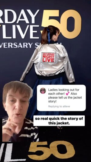 Ana Gasteyer Instagram - Story time- So this jacket that I wore to the SNL 50 red carpet was a gift from my aunt when I was in high school in 1981. She worked for NBC News and got this for me because I loved SNL. I forgot I had it until I was organizing last year. How cool is that? #SNL